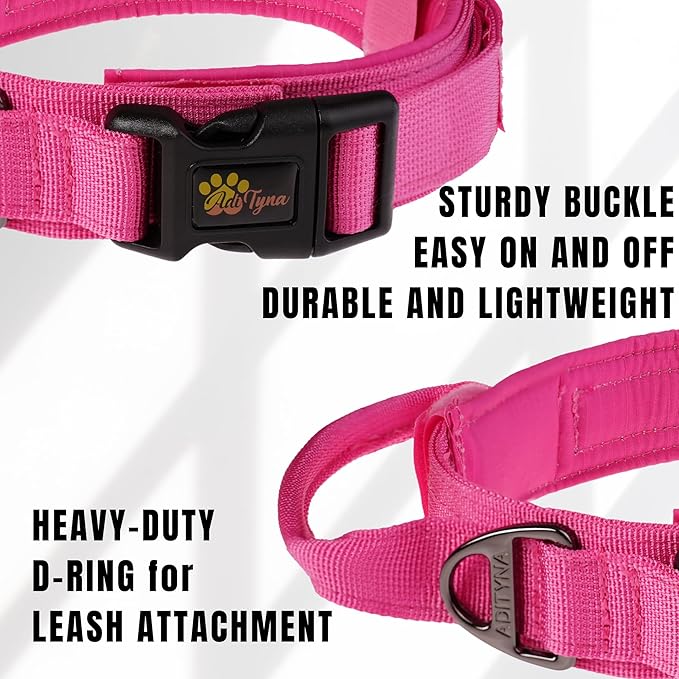 ADITYNA Tactical Dog Collar for Medium Girl Dogs - Soft Padded, Heavy Duty, Service, Adjustable, Military, K9 Pink Medium Collar with Handle for Training and Walking