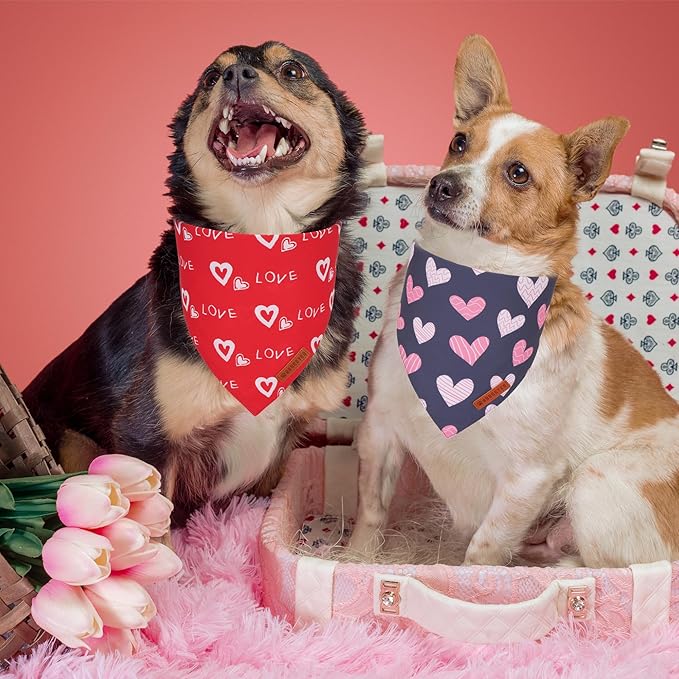 ADOGGYGO Valentine Dog Bandana, Red Blue Heart Pet Scarf, Premium Durable Fabric, Adjustable Fit Pet Valentine Bandanas for Medium Large Dogs (Large)
