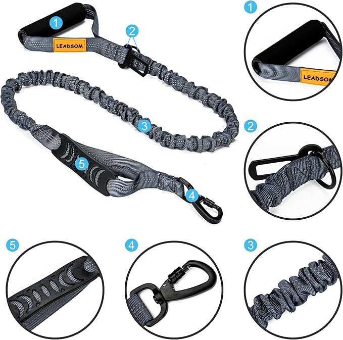 6FT Highly Reflective Heavy Duty Elastic Bungee Medium and Large Dog Leash Shock Absorbing with Comfortable Padded Handle and Traffic Handle Suitable for Training Grey