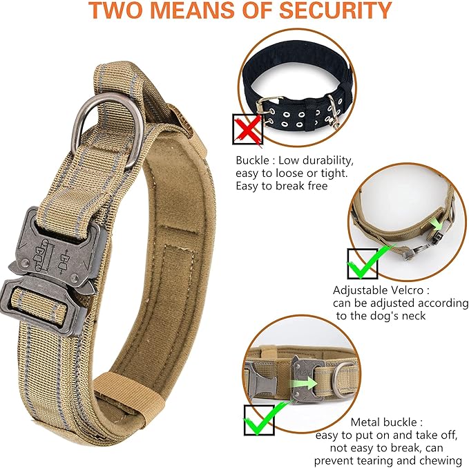 KCUCOP Tactical Dog Collar for Medium & Large Dogs - Military Nylon Heavy Duty Collar with Handle, Reflective Strip & Metal Buckle for Training, Outdoor (Brown Reflective, Medium)