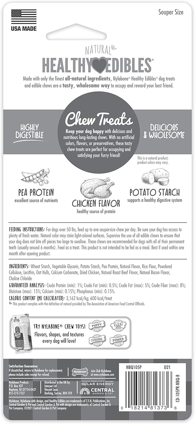 Nylabone Healthy Edibles Natural Dog Chews Long Lasting Chicken Flavor Treats for Dogs, X-Large/Souper (1 Count)