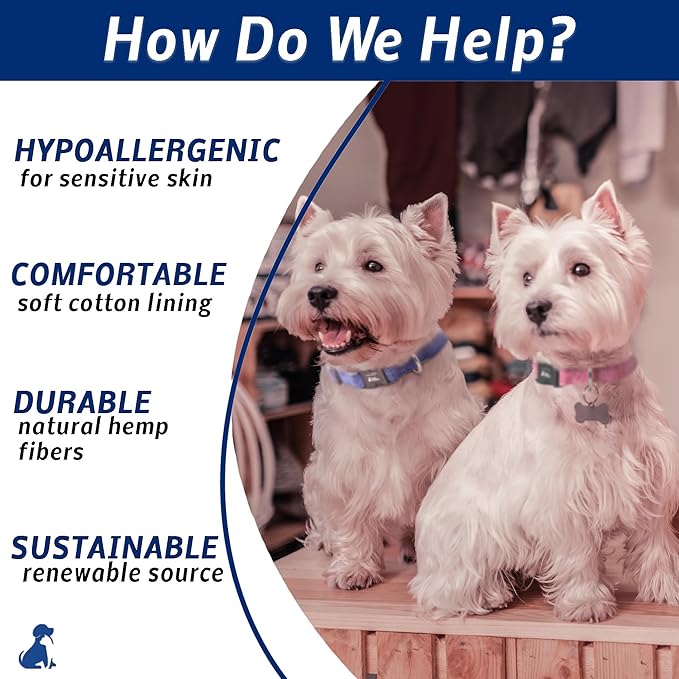 Dark Blue Hemp Dog Collar - Hypoallergenic Dog Collar - Comfortable for Sensitive Skin or Allergies with no Harsh Dyes or Chemicals - 5 Sizes from X-Small to x-Large Breeds
