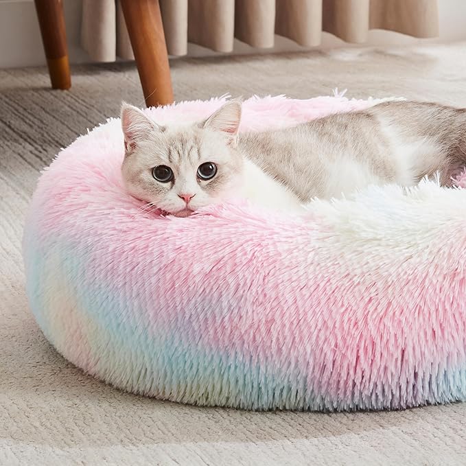 WESTERN HOME WH Calming Dog & Cat Bed, Anti-Anxiety Donut Cuddler Warming Cozy Soft Round Bed, Fluffy Faux Fur Plush Cushion Bed for Small Medium Dogs and Cats (20"/24"/27"/30")
