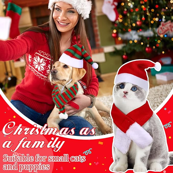 Oudain 10 Pieces Christmas Cat Santa Hats with Scarf and Collar Set, Christmas Cat Costumes Pet Santa Hat Scarf Set Puppy Dog Xmas Hat Outfit for Cats Small Dogs Puppy Accessories