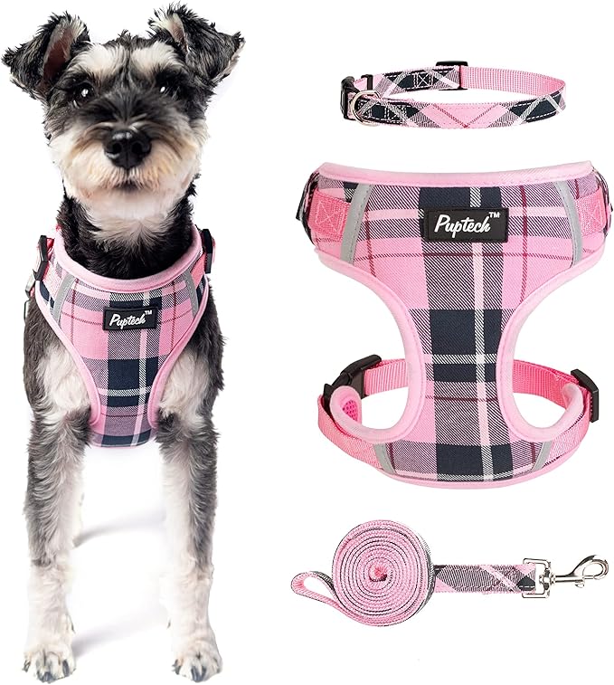 PUPTECK Dog Harness and Leash Collar Set for Small Medium Dogs Puppy and Cats Walking No Pull Adjustable Reflective Soft Mesh Padded Plaid Harnesses Pet Accessories, Pink, L