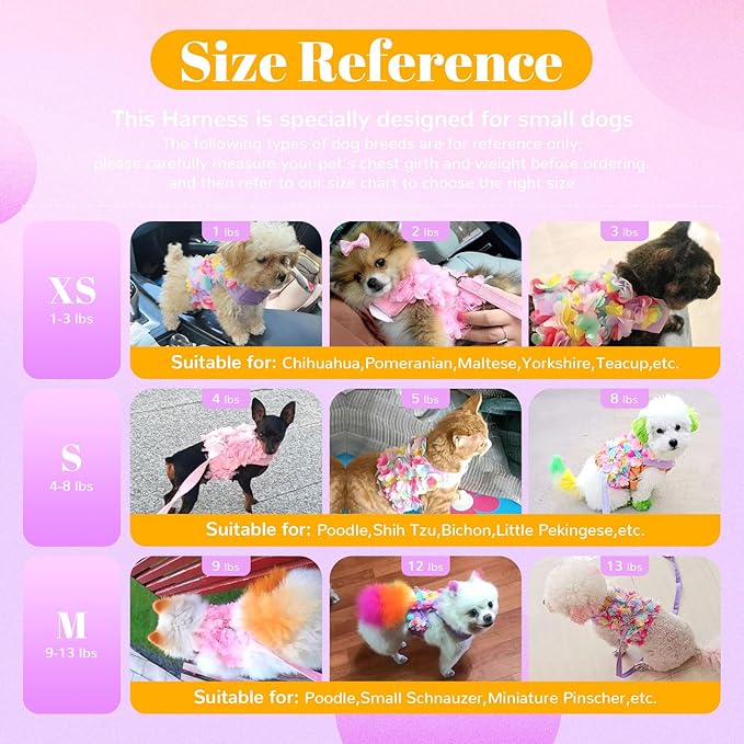 Cute Dog & Cat Harness Set - Purple Lace Floral Girl Puppy Harness - Soft Mesh, Escape Proof, Small Sizes