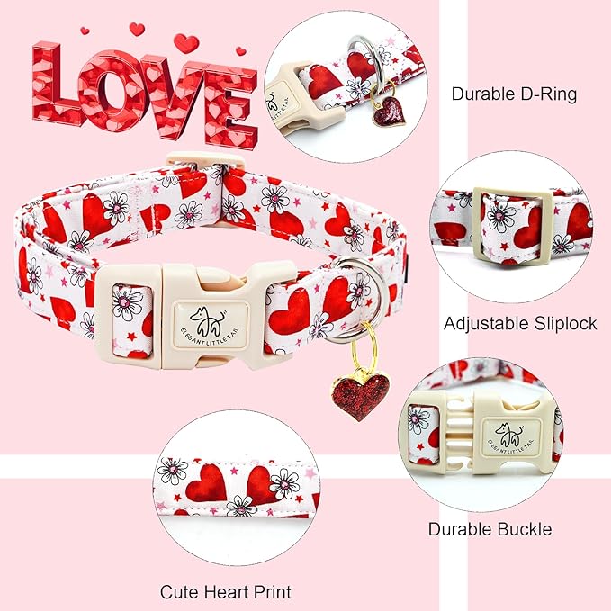 Elegant little tail Valentine's Dog Collar, Flower Pink Heart Dog Collar for Small Dogs, Female or Male Adjustable Cotton Pet Collar with Quick Release Buckle for Small Medium Large Dogs