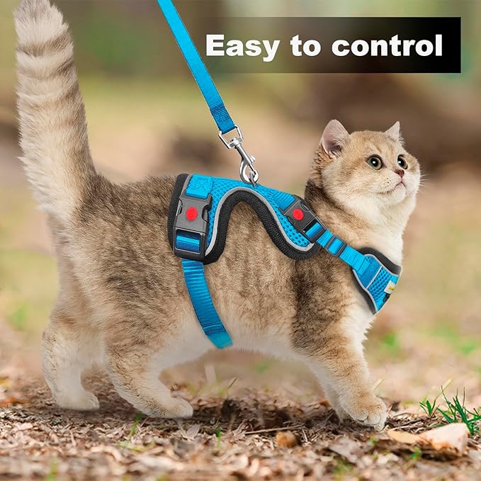 Cat Harness and Leash for Walking, Retractable Cat Harnesses and Leash Set Escape Proof, Breathable Soft Kitten Small Large Harness for Travel Training and Walking, Blue, S
