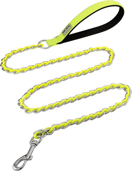 Chew Proof Metal Leash for Medium Large Dogs, 5.2FT Strong Anti Bite Leash, Comfortable Soft Padded Handle, Yellow