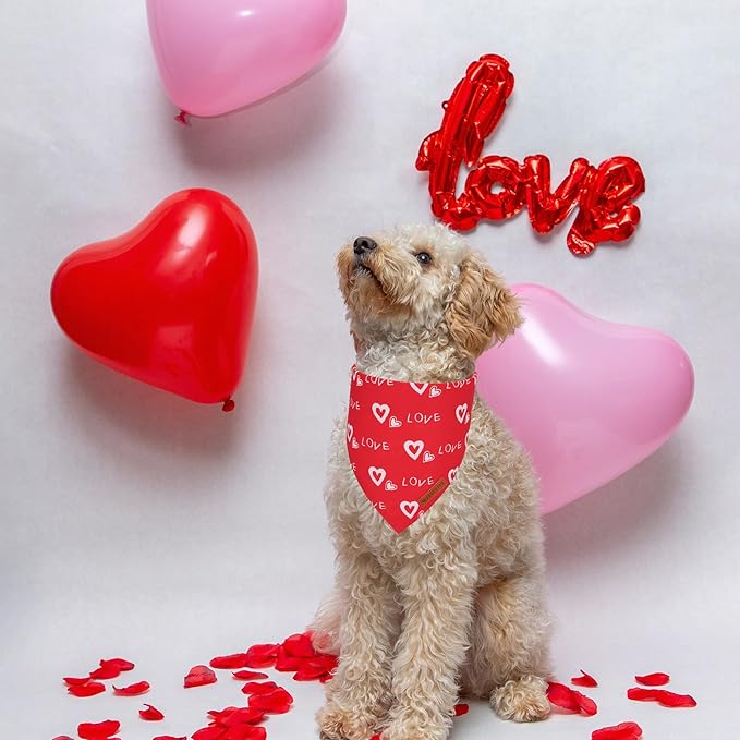 ADOGGYGO Valentine Dog Bandana, Red Blue Heart Puppy Scarf, Premium Durable Fabric, Adjustable Fit Pet Valentine Bandanas for Small Dogs (Small)