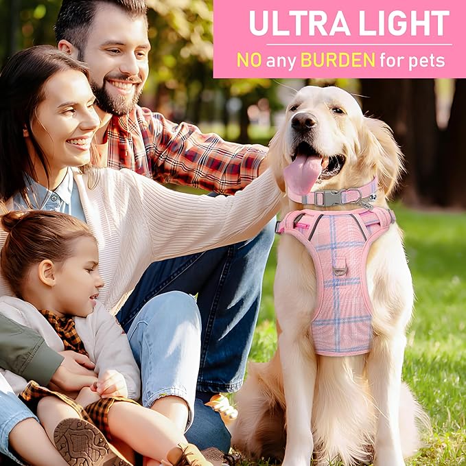 GAMUDA Dog Harness Collar and Leash Set, Dog Harness, No Chock No Pull Adjustable Vest Harnesses Plaid Reflective for Medium Dog, Cat, Small Horse, Small Bull and Pig (Pink, XL)