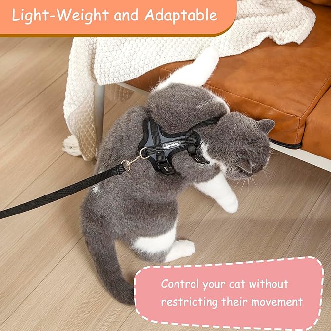 Cat Harness and Leash Set for Walking Lightweight Escape Proof Kitten Vest Harness Soft Fit for Cat Puppy Rabbits Easy Control (Grey Black, M(Chest:12.5''-19'', Neck:8''-12''))