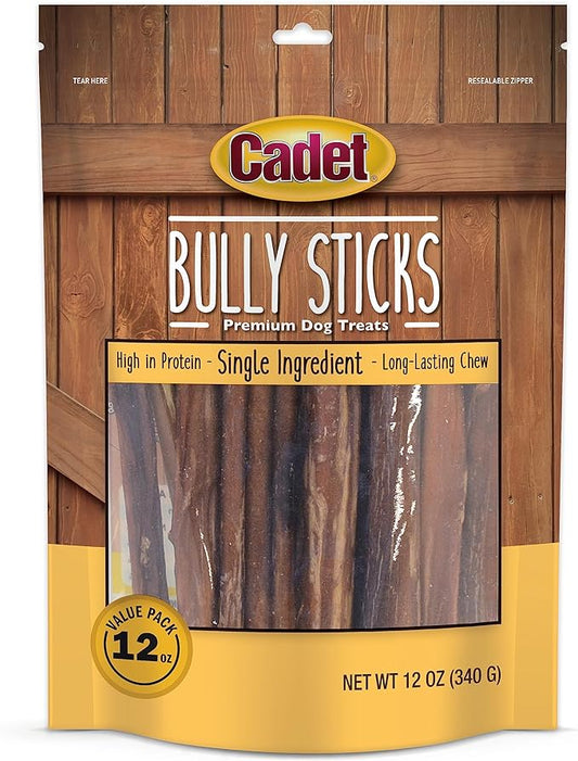 Cadet Bully Sticks for Small Dogs – All-Natural Beef Pizzle, High Protein, Low Fat, Long-Lasting, Grain & Rawhide-Free Dog Chews for Aggressive Chewers, Small (12 Ounce)