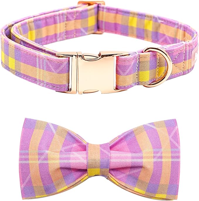 Girl Dog Collar, Pink Plaid Adjustable Dog Bow Collar Girl Pet Collar Bowtie Duarble Dog Collars for Small Medium Large Dog