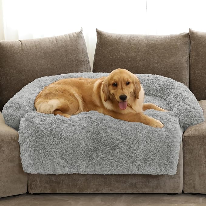 Calming Dog Bed Fluffy Plush Dog Mat for Furniture Protector with Removable Washable Cover for Large Medium Small Dogs and Cats (Extra Large (53x39.3x6), Grey)