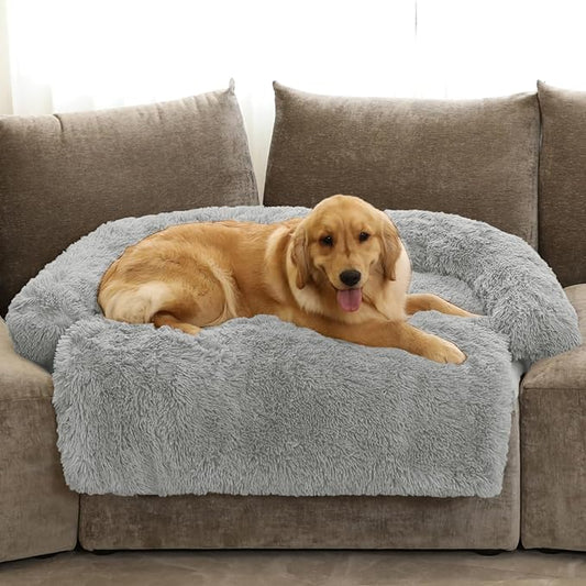 Calming Dog Bed Fluffy Plush Dog Mat for Furniture Protector with Removable Washable Cover for Large Medium Small Dogs and Cats (Extra Large (53x39.3x6), Grey)
