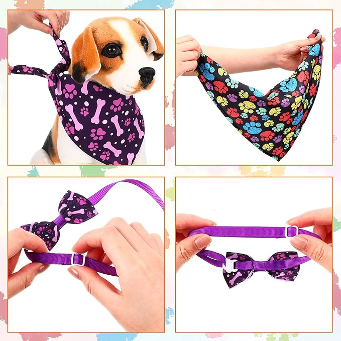 Hosuly 50 Pcs Funny Dog Bandana Collar Set Include 10 Bow Tie 10 Necktie Collar 10 Pet Scarf 10 Bow Flowers 10 Hexagonal Bowtie Cat Dog Grooming Accessories for Festival Photography(Paw Bone)