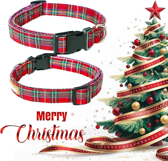 Tunkoo Christmas Classic Plaid Collar Premium Cotton Puppy Collar - Adjustable Collar with Strong Plastic Bucle Gifts for Small Medium Large Girls Boys Dogs, S
