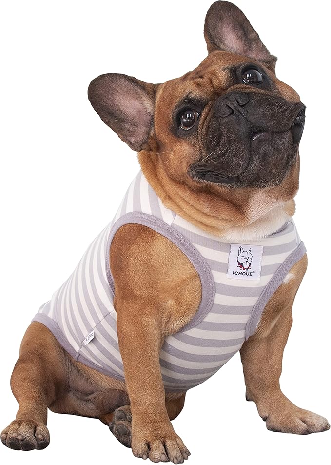iChoue French Bulldog 100% Breathable Cotton Striped T Shirts Halloween Vest Clothes for Medium Dogs Tank Tops Frenchie Pug English Boston Terrier Pitbull Grey White Stripes - Large