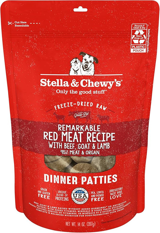 Stella & Chewy's Freeze-Dried Raw Dinner Patties - Remarkable Red Meat Blend - High Protein Grain-Free Puppy & Dog Food - Perfect For Picky Eaters - 14 oz