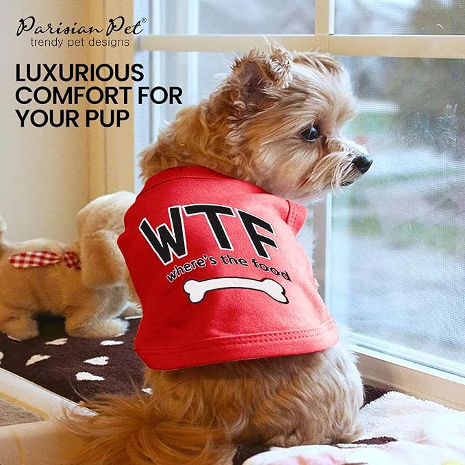 Parisian Pet Dog Tshirt - Embroidered “ WTF (Where’s The Food) “ Dog Shirt - Lightweight, Cotton Tank Top - Sleeveless Tee Shirts - Machine Washable Shirts for Large Dogs - L