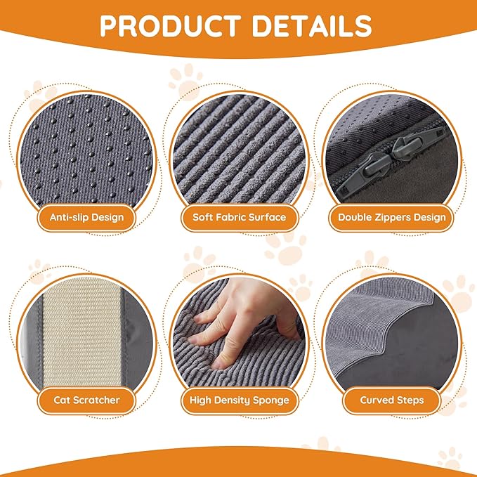 Dog Stairs for Small Dogs, 4-Step Dog Ramp for Bed 19.7" H, Dogs Steps for Bed, Couch, Pet Stairs with Non-Slip Bottom Design, Cat Scratching, High Density Foam Portable Pet Steps, Indoor, Grey