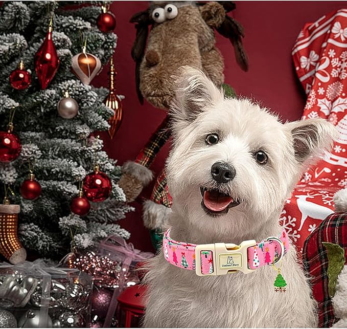 Lionheart Glory Christmas Dog Collar, Pink Christmas Tree Adjustable Soft Comfortable Collar for Medium Dogs for Girls or Boys