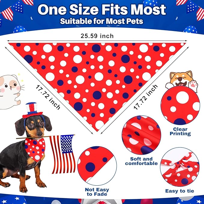 72 Pcs Dog Bandanas Bulk for Summer Adjustable Washable Pet Triangle Scarf Soft Kerchief Bib for Summer Holiday Pet Costume Accessories(Independence Day)