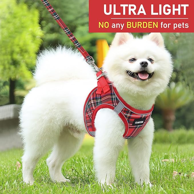 GAMUDA Small Dog Harness Collar and Leash Set, Step in No Chock No Pull Soft Mesh Adjustable Dog Vest Harnesses Plaid Reflective for Dogs Puppy Cats Kitten Rabbit (Red, XL)