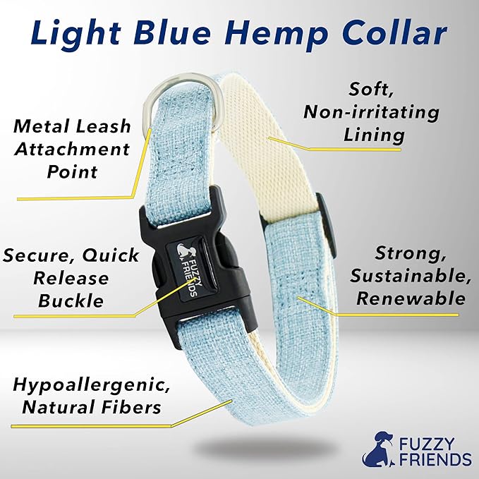 Lt Blue Hemp Dog Collar and Leash Set - Hypoallergenic Dog Collar - Comfortable for Sensitive Skin or Allergies with no Harsh Dyes or Chemicals - 5 Sizes from X-Small to x-Large Breeds