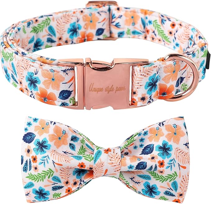 Unique Style Paws Cotton Dog Collar with Bow Floral Plaid Colorful Dog Collar with Bow Tie for Small Medium Large Dogs Pets Gifts
