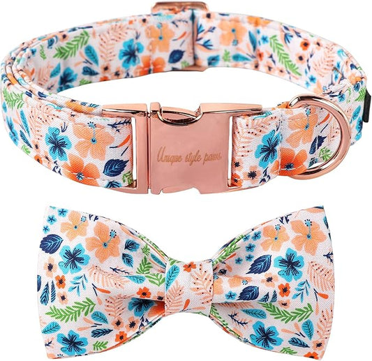 Unique Style Paws Cotton Dog Collar with Bow Floral Plaid Colorful Dog Collar with Bow Tie for Small Medium Large Dogs Pets Gifts