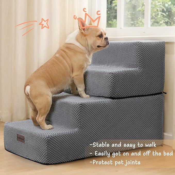 Dog Stairs for Small Dogs & Cats, 4-Step Non-Slip Pet Steps for Beds & Couches, Grey, 18.5" H