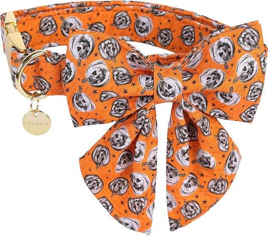 DOGWONG Fall Dog Collar with Bowtie - Fall Dog Collar Soft Cotton Autumn Dogs Necklace - Halloween Puppy Necklace for Small Medium Large Dogs