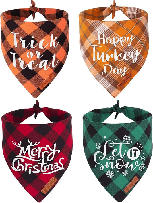 ADOGGYGO 4 Pack Plaid Holiday Dog Bandana, Halloween Thanksgivng Christmas Pet Scarf Kerchief Christmas Thanksgivng Halloween Bandanas for Large and Extra Large Dogs (X-Large)