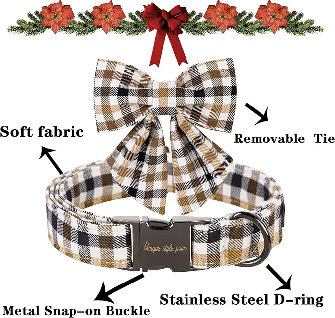 Unique style paws Christmas Dog Collar with Bow Tie Brown Plaid Puppy Collar for Small Medium Large Dogs as Autumn Winter Pet Gifts-M