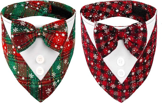 Cyeollo 2 Pack Christmas Tuxedo Bandana - Adjustable Red Plaid Dog Outfit With Bow Tie Costume for Small Dogs Cats, S