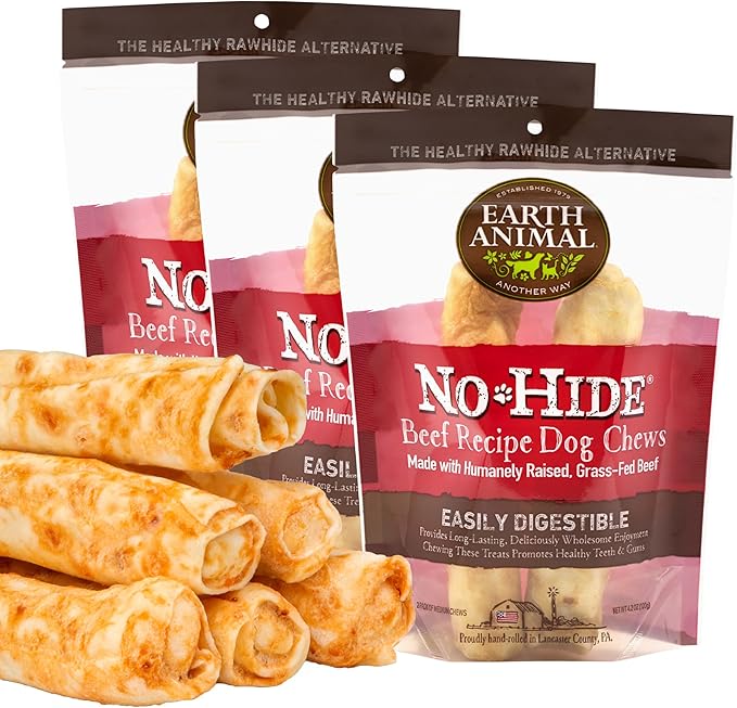 Earth Animal No Hide Medium Beef Flavored Natural Rawhide Free Dog Chews Long Lasting Chew Sticks | Treats for Large Dogs | Great for Aggressive Chewers (3 Pack)
