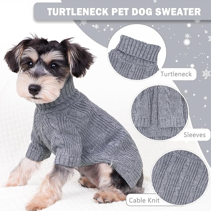 Turtleneck Dog Sweater for Small Dogs, Knitted Warm Pullover, Cold Weather Clothes, Fall Winter Outfits, Cat Apparel (Grey, X-Small)
