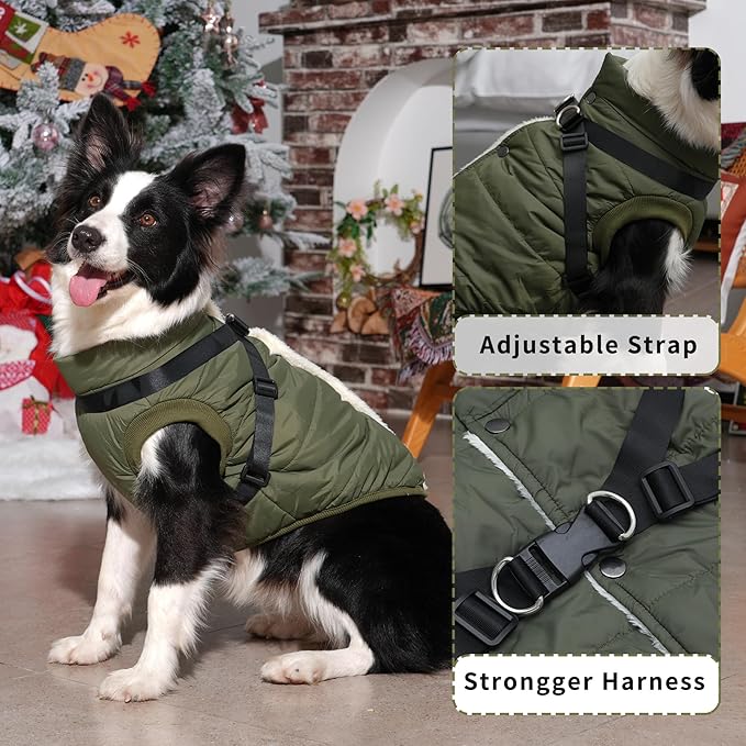 Dog Jacket with Harness,Fleece Lined Warm Puppy Coat for Winter,Soft Windproof Small Dog Vest,Green XS