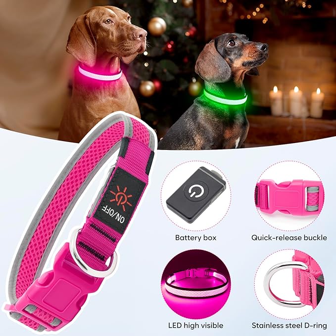 Flashseen LED Dog Collar, USB Rechargeable Light Up Dog Collar Lights, Adjustable Comfortable Soft Mesh Safety Dog Collar for Small, Medium, Large Dogs(Small, Candy Pink)