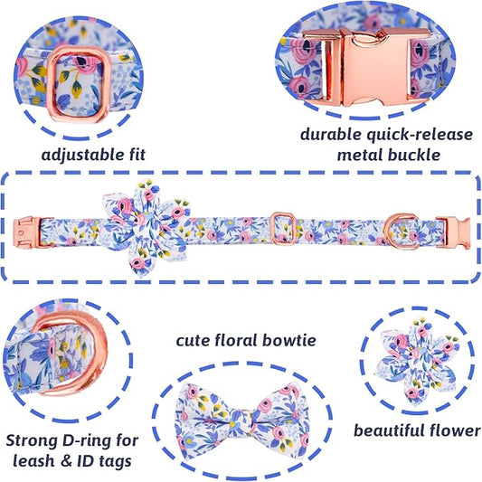 Dog Collar and Leash Set Girls Adjustable Puppy Collars with Floral Bow Tie for Small Medium Large Female Dogs, Blue Flower, L