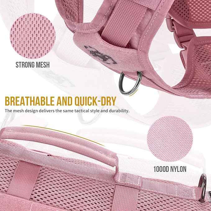 OneTigris Tactical Dog Harness for Small Dogs, No Pull Vest With Handles, Breathable Military Molle Vest for Walking Hiking Training (Pink, XS)