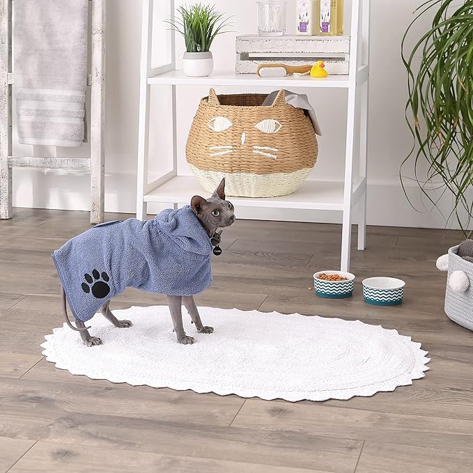 Bone Dry Pet Robe Collection, Embroidered Absorbent Microfiber Bath Robe with Adjustable Closure, for Dogs & Cats, Small, Stonewash Blue