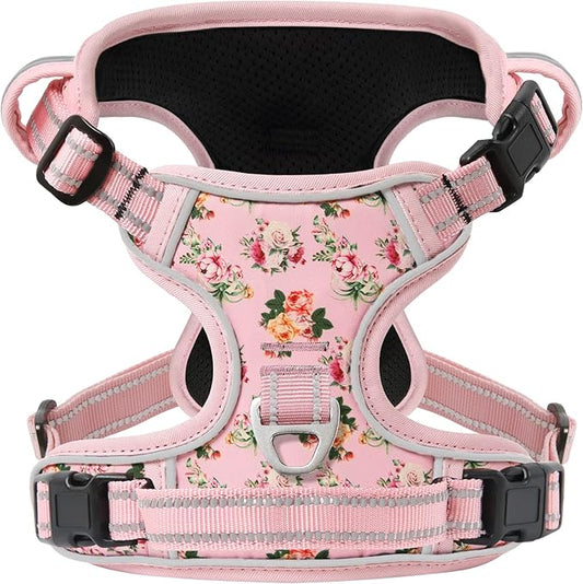 Timos No Pull Dog Harness,NO Need Go Over Dogs Head 3 Snap Buckles Reflective Oxford No Choke Harness with Front & Back 2 Metal Leash Clips Soft Padded for Small Medium Large Dogs Pink S