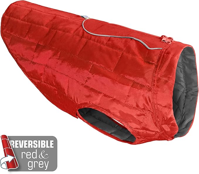 Kurgo Loft Dog Jacket, Reversible Dog Coat, Wear with Harness or Sweater, Water Resistant, Reflective, Winter Coat for Large Dogs (Chili Red, XL)
