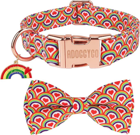 ADOGGYGO Rainbow Dog Collar with Bow, Detachable Bow, Metal Buckle, Adjustable Rainbow Collars for Medium Dogs Boy Girl Male Female (Medium)