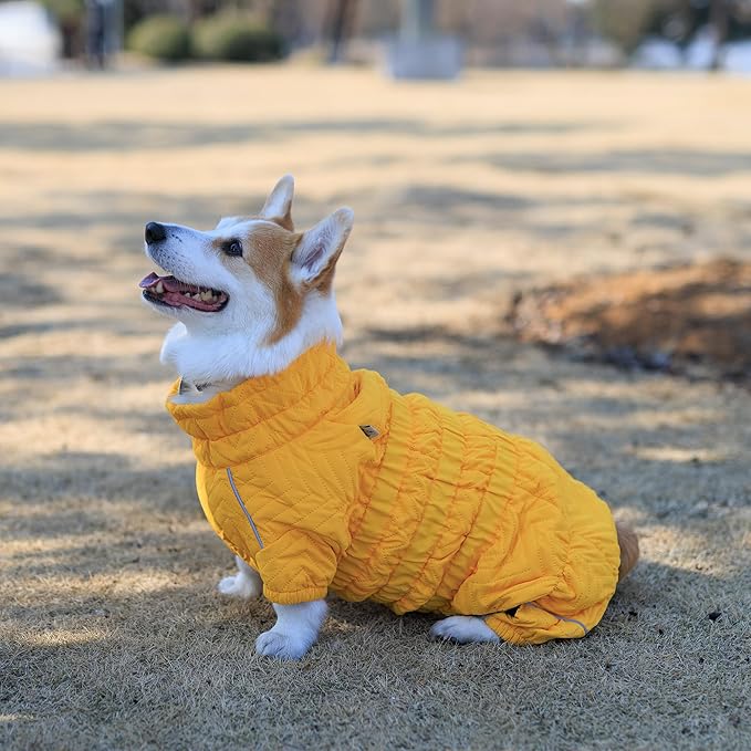 Lovelonglong Warm Dog Coat Double Layers Dog Vest, 4 Legs Covered Windproof Waterproof Reflective Warm Dog Vest Outdoor Skating Dog Costume for Corgis Dachshund Dog Yellow D-L