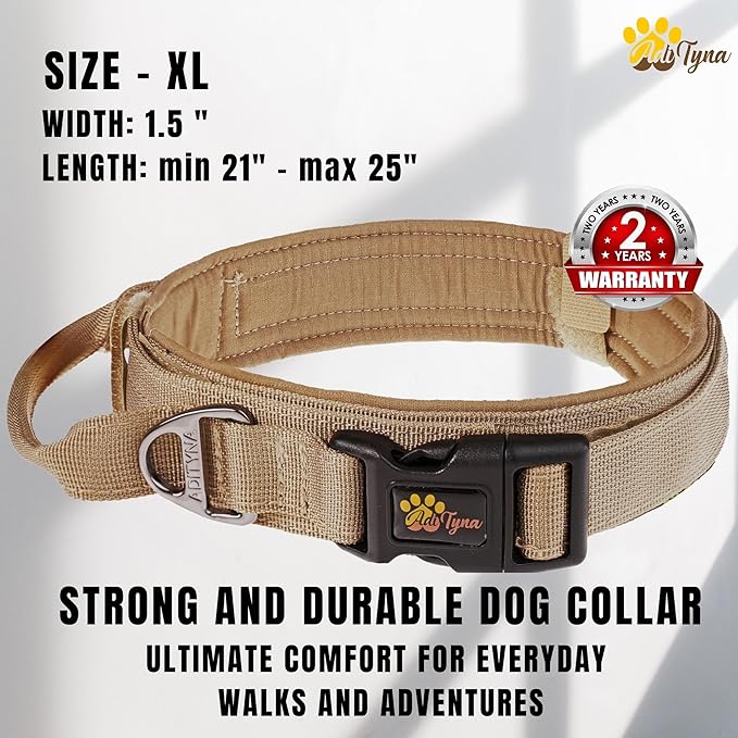 ADITYNA Tactical Dog Collar for Extra-Large Dogs - Soft Padded, Heavy Duty, Adjustable Big Collar with Handle for Training and Walking