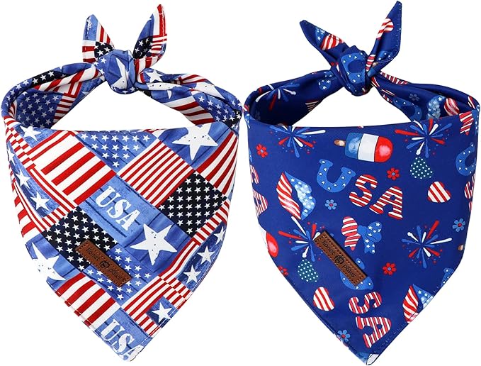 Lionet Paws Summer 2pcs Dog Bandanas, 4th of July Dog Scarf Bib Premium Fabric, American Flag Blue Bandanas for Small Dogs Pets